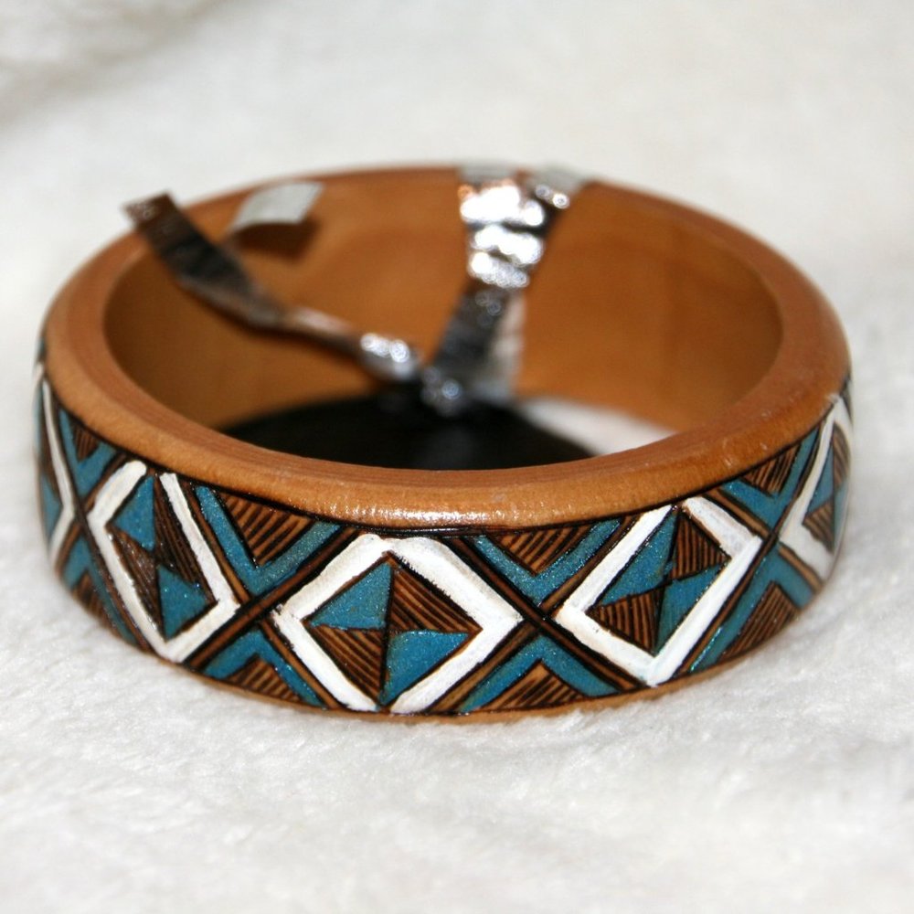 Wood-burned Turquoise Square Bracelet